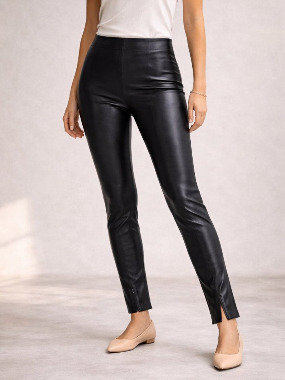 Mango Faux Leather High-Rise Split Hem Leggings Black XS